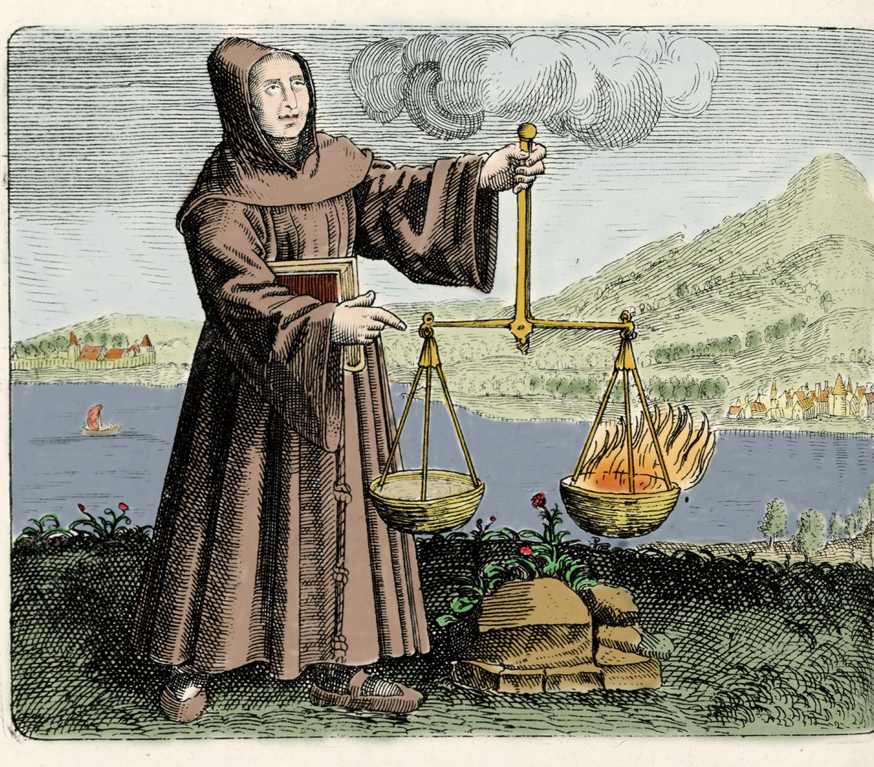 A ferences szerzetes, filozófus és alkimista Roger Bacon (Bacon) (Doktor Mirabilis) (1214-1294) élményt készít. Metszet a "Tizenkét nemzet aranytáblájának szimbólumaiból" Michael Mayer 1617-ből alkotó: Unknown artist