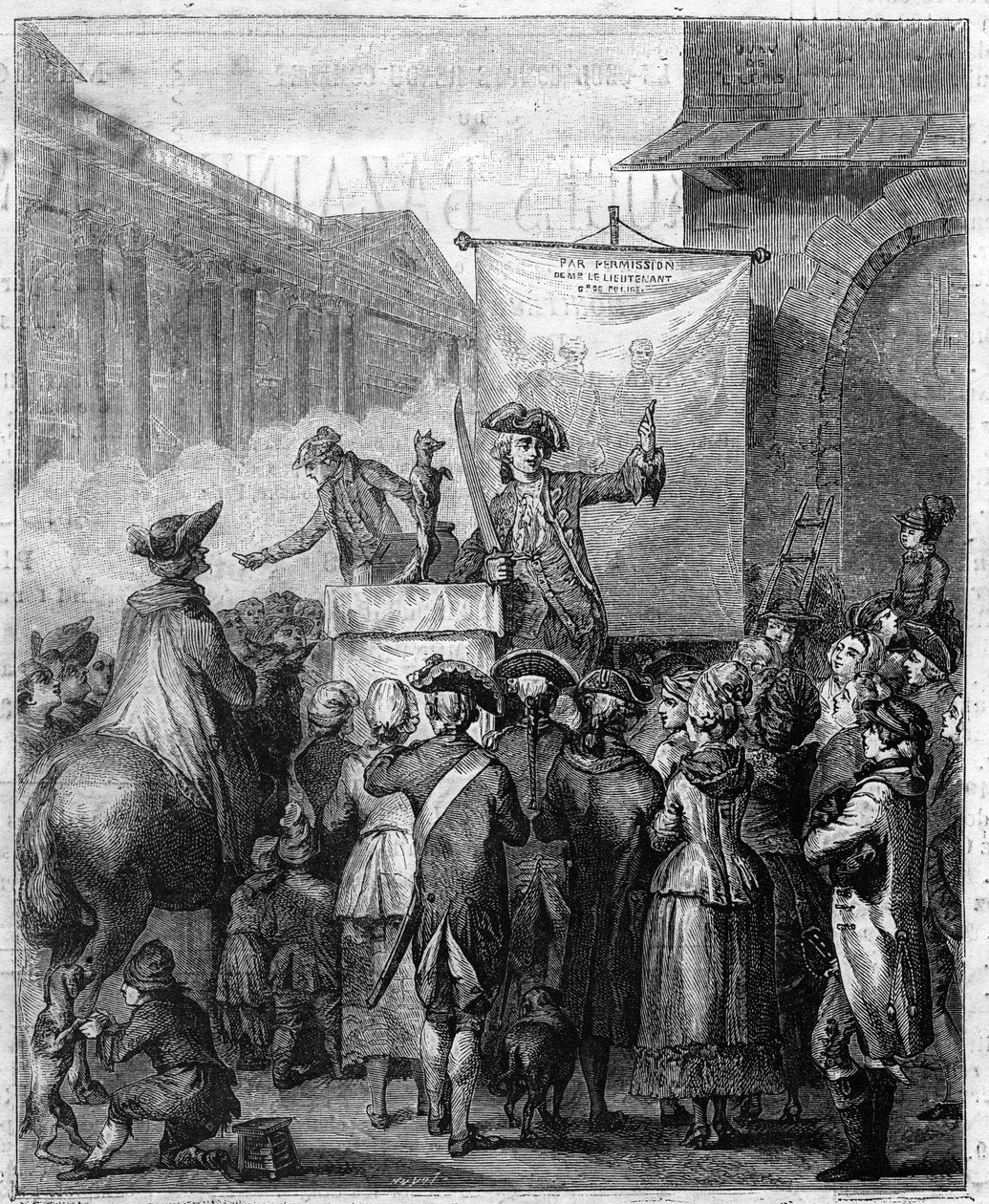 A francia sarlatán a XVIII. Metszet a „Le XVIIIème siècle: szokások, szokások és jelmezek” című könyvében, Paul Lacroix. alkotó: Unknown artist