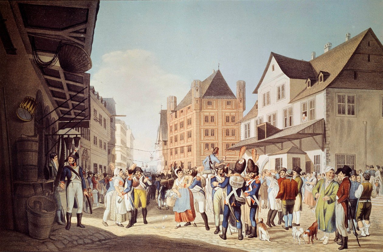 A 24. gyalogezred francia csapatai elhagyják Frankfurtot Augereau tábornok 1808-as frankfurti metszetével, történelmi múzeummal alkotó: Unknown artist