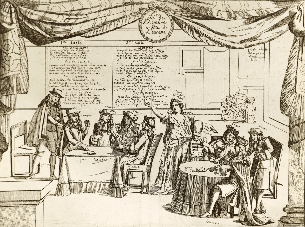 Európa Hercegei Hombre játéka - Hombre, a nemzetközi politika metaforája - 1685 - Európát az ellenőrizetlen uralkodók darabokra vágják, akik saját tulajdonukként „játsszák” területeiket - A szatíra a Regensburgi Treve, si alkotó: Unknown artist