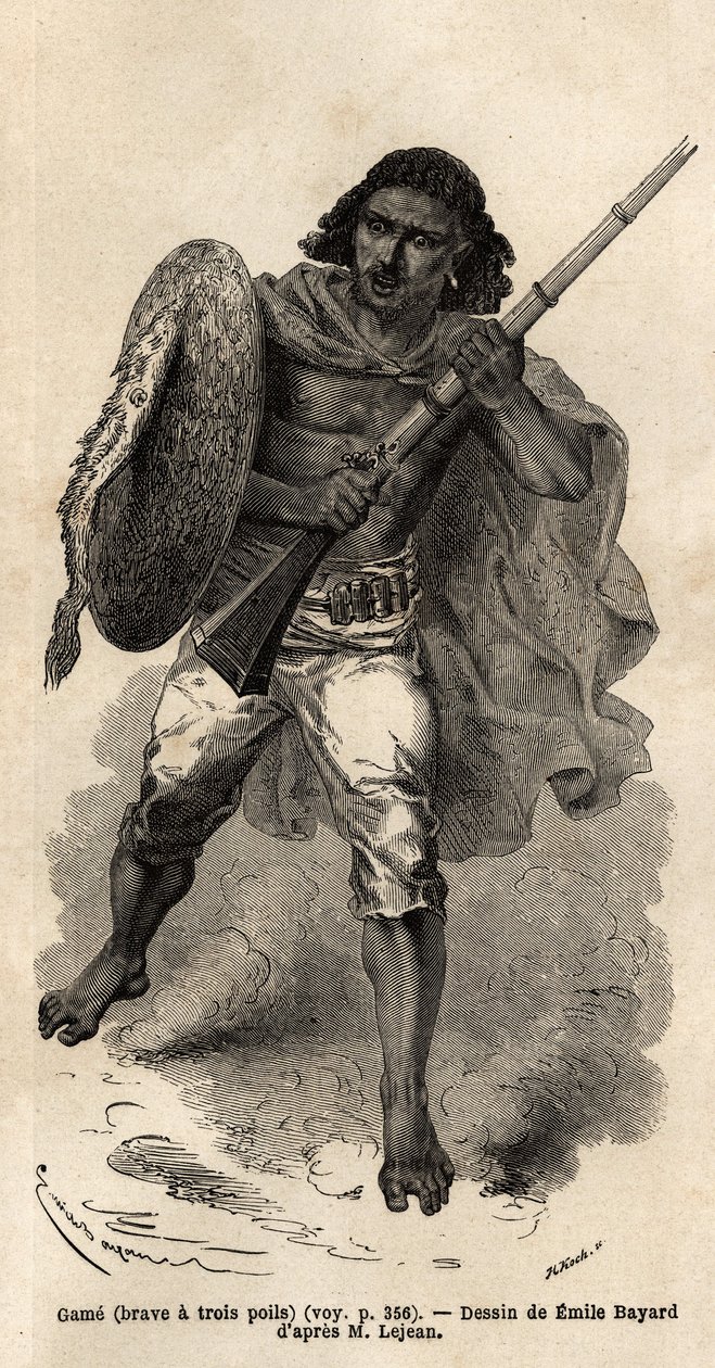 A játék, vagy bátor három hajszálú, abesszin fegyveres katona. Guillaume Lejean 1862-es abesszíniai utazását illusztráló metszet a „Le tour du monde, nouveau Journal des voyages” című kiadványában, amelyet Edouard Charton vezetésével adtak ki. alkotó: Unknown artist