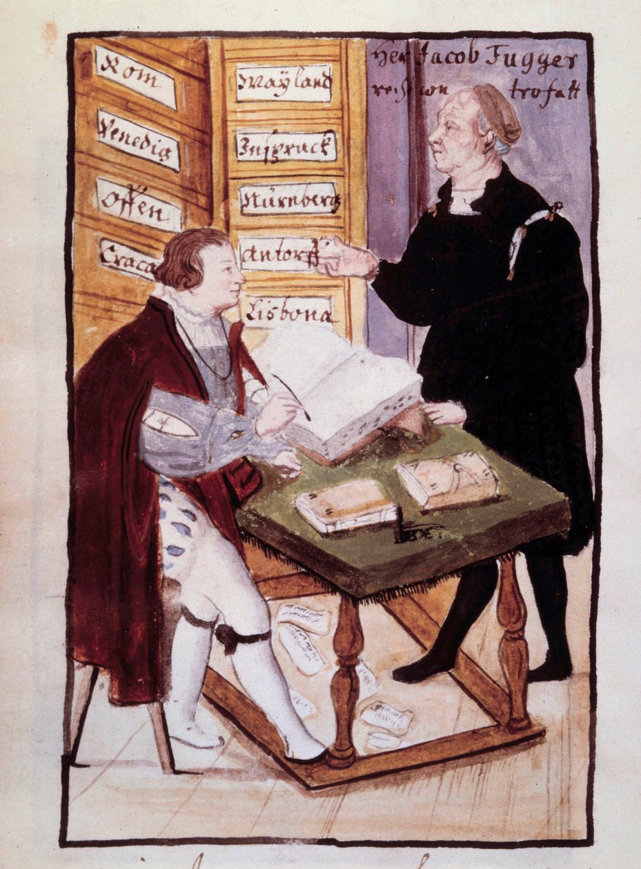 Jacob Fugger német bankár (1459-1525) irodájában (Goldene Schreibstube) német könyvelőjével, Matthaus Schwarz-cal (1497-1574 körül) XVI. századi akvarell. BN, Párizs alkotó: Unknown artist