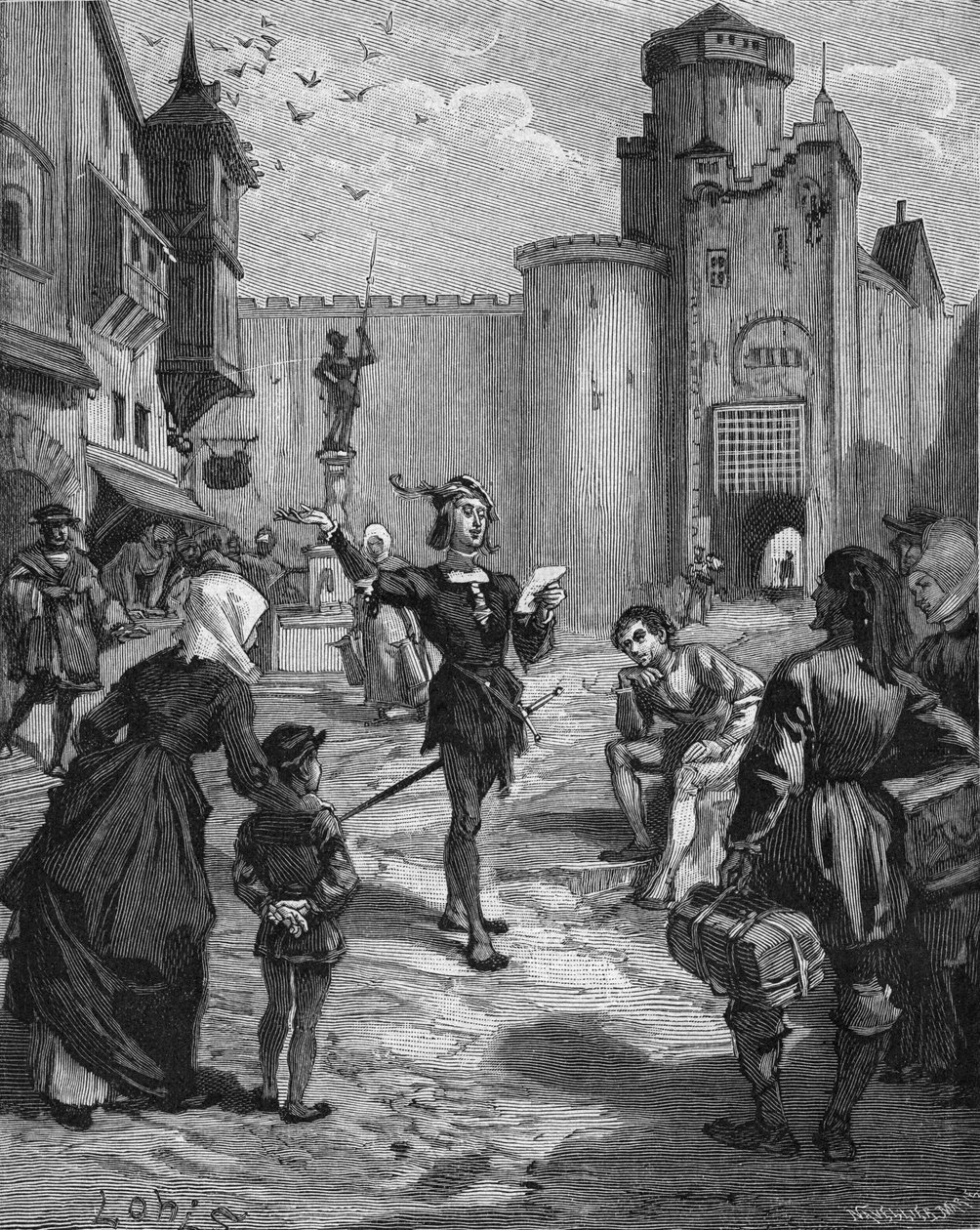Ulrich von Hutten (1488-1523) német lovag, költő és humanista az utcán kikiáltja egyik versét. századi metszet. Jules Michelet „Histoire de France” című művében alkotó: Unknown artist