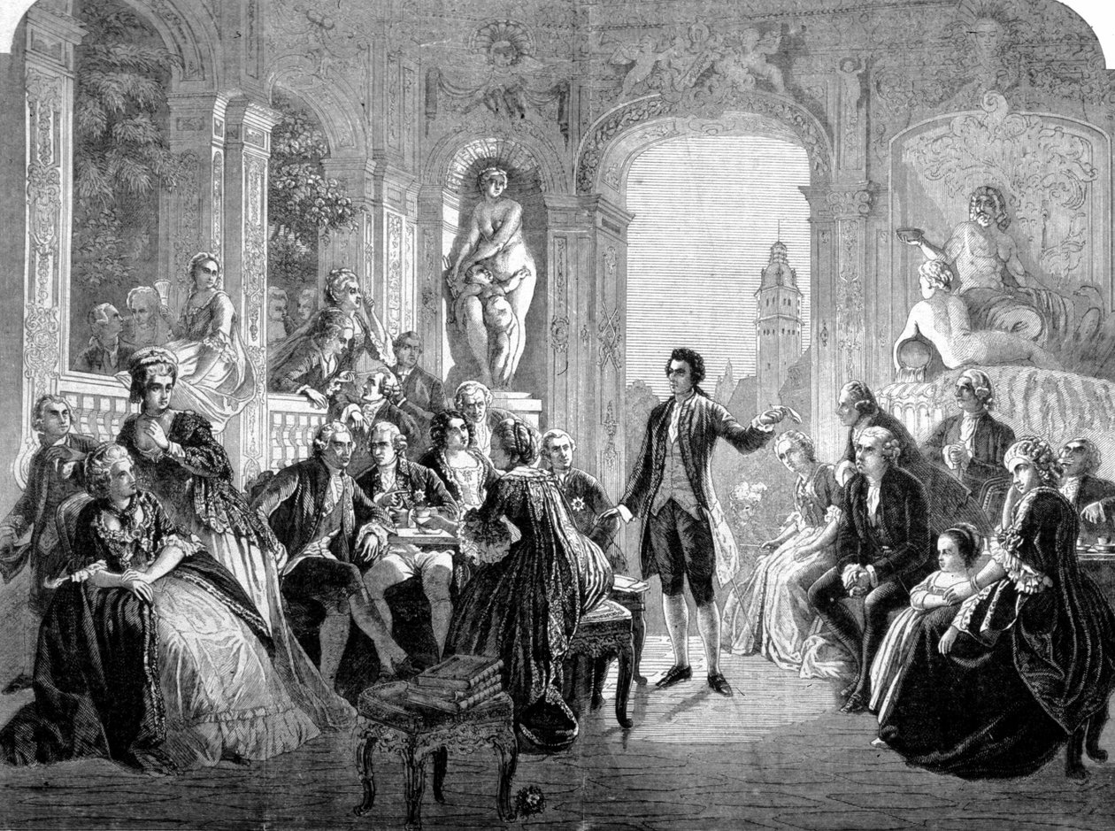 Johann Wolfgang Goethe német költő Badeni Frederic őrgróf udvarában. Metszet Federico Pecht festménye után. alkotó: Unknown artist