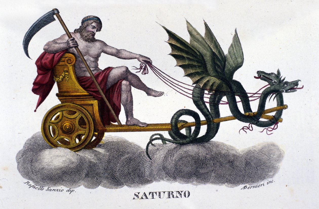 A Szaturnusz isten (vagy Cronos) két sárkány által kilőtt tankon. Raffaello Sanzio illusztrációjából. századi metszet. alkotó: Unknown artist