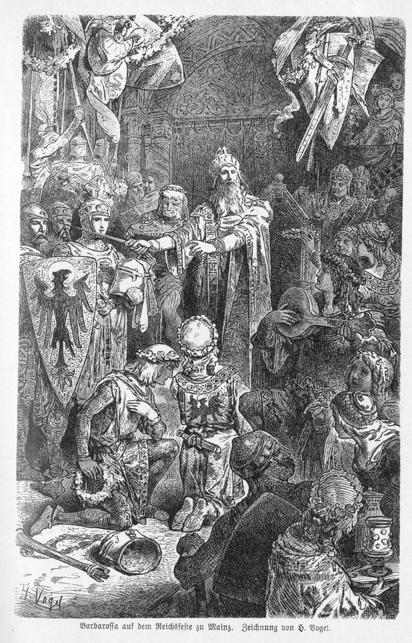 Frigyes Barbarossa Nagy Császár Mainzban tartja udvarát – Hohenstaufen I. Frigyes, Frederic Barberousse (1122-1190) Mainzban megkapta a Würzburgi Gerard keresztjét – Richard Roth „Kaiser, Konig une Papst” metszete alkotó: Unknown artist