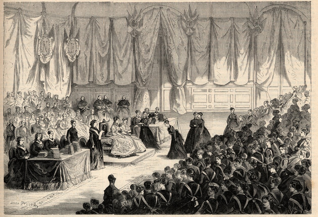Az impresszum Eugenie de Montijo (1826-1920), aki a Saint Denis-i Becsületlégió birodalmi intézményének juttatott díjak kiosztásában elnökölt. Metszet a „L
