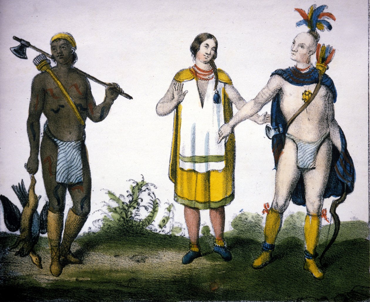 Kanada indiánjai: egy vadász (akadiai), egy nő és egy harcos. „A világ összes népének egyetemes galériája”, Milánó litográfiája alkotó: Unknown artist