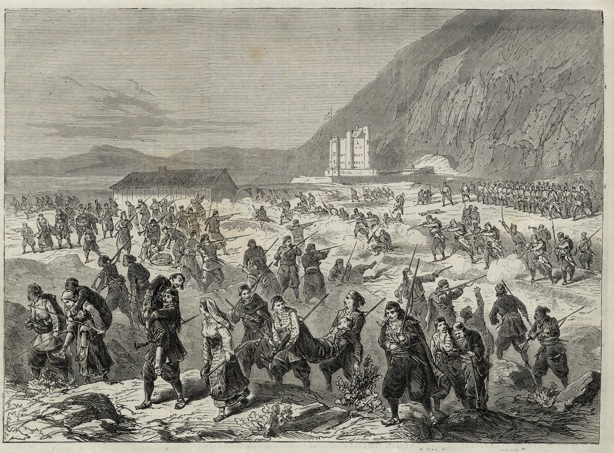 A dalmáciai felkelés (a Bocche di Cattaro) - az osztrák kormány által kiszabott hadkötelezettség elleni felkelés - DALMATIA ESEMÉNYEK. A CATARO (Kotori Bouches) KÖZELÉBEN A TRINITA ÁLLAMI ERŐDET SZÁRMAZÓ FELTÉTELEK - Kotori-öböl - 1869 - alkotó: Unknown artist