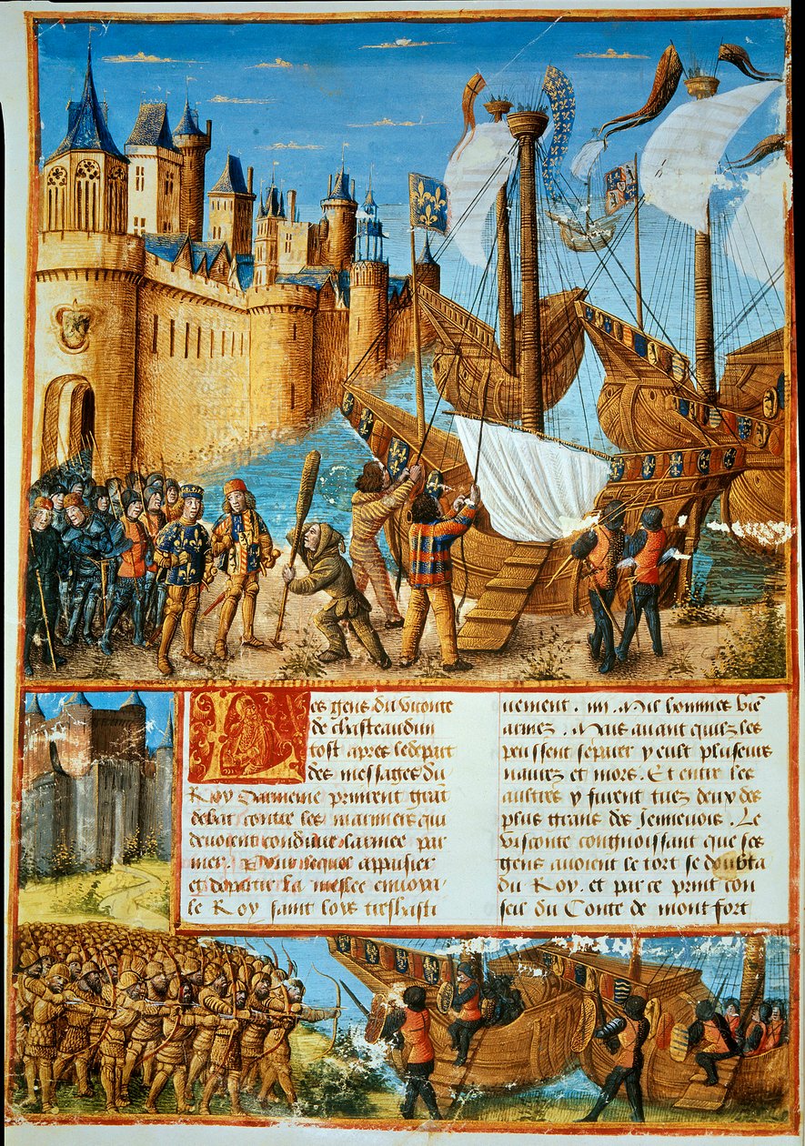 IX. Lajos (Szent Lajos) francia király (1214-1270) a hetedik keresztes hadjáratra indul. A bélyegkép a Sebastien Mamerot által készített „A franciák által Outremernek a törökök és más szaracénok és moures Outremarine ellen készített szakaszaiból” vett rész alkotó: Unknown artist