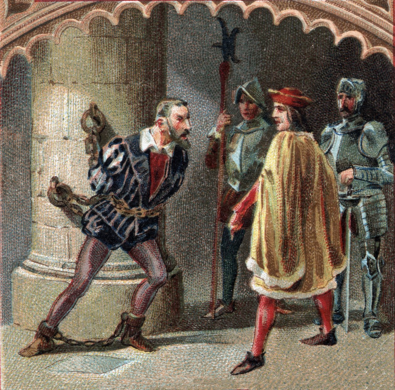 XII. Lajos francia király Ludovic Marie Sforzát, akit More (Ludovico Maria Sforza detto il Moro) néven ismernek (1452-1508), a tourainei Loches kastélyába zárta. A 19. század végének kromolitográfiája alkotó: Unknown artist