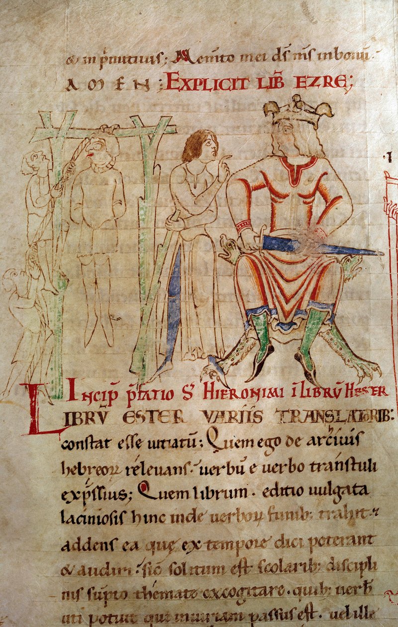 A király igazságszolgáltatása 1098 és 1109 között Egy király koszorúk a trónon, kardot tartva egy akasztós jelenet mellett. Az oldal egy kéziratból vett „” Szent Jeromos megjegyzései”” alkotó: Unknown artist