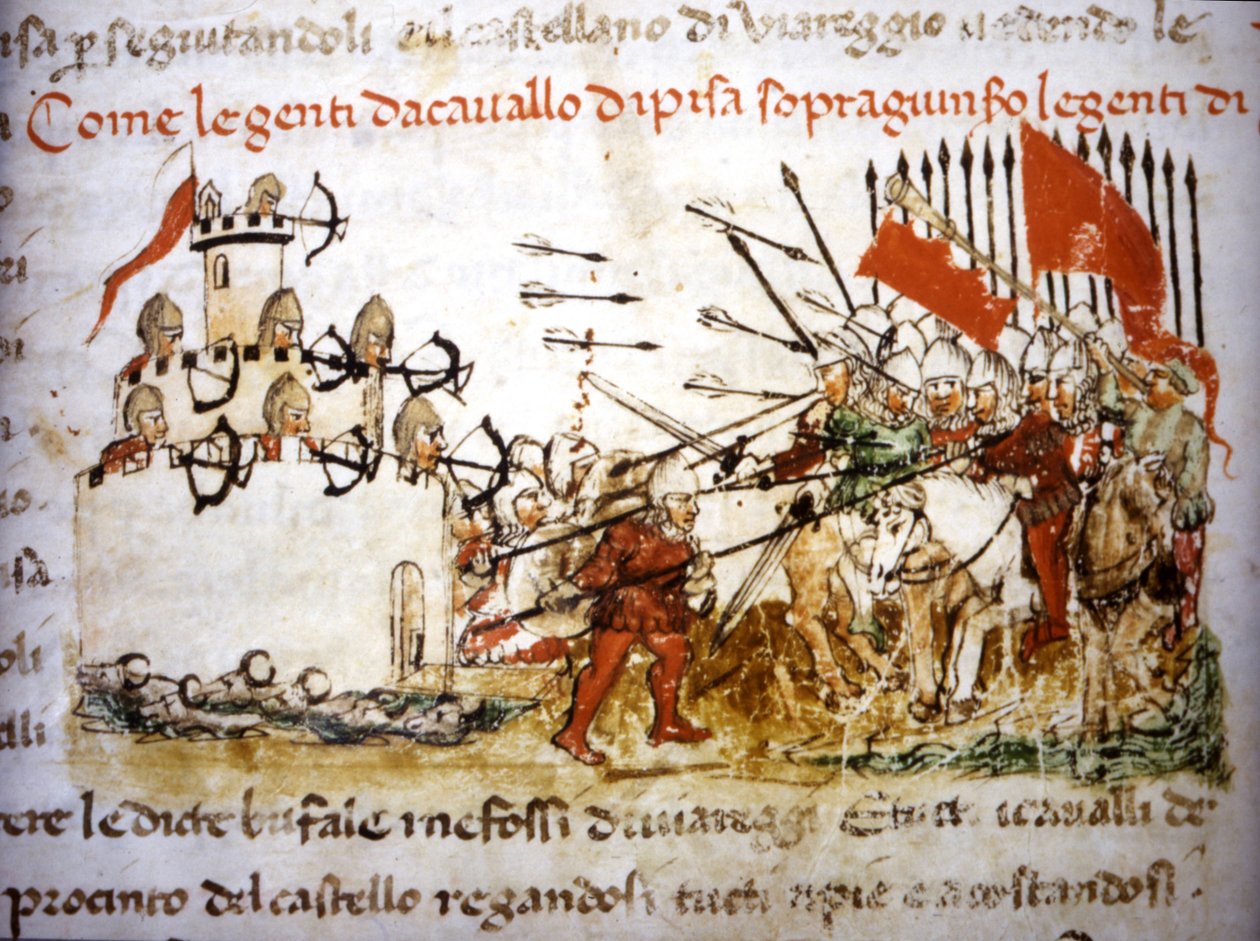 A pisai lovagok 1397-ben nyertek a luccai gyalogság ellen – „Croniche del Sercambi”-ban, 1400 körül. Nemzeti Levéltár, Lucca. alkotó: Unknown artist