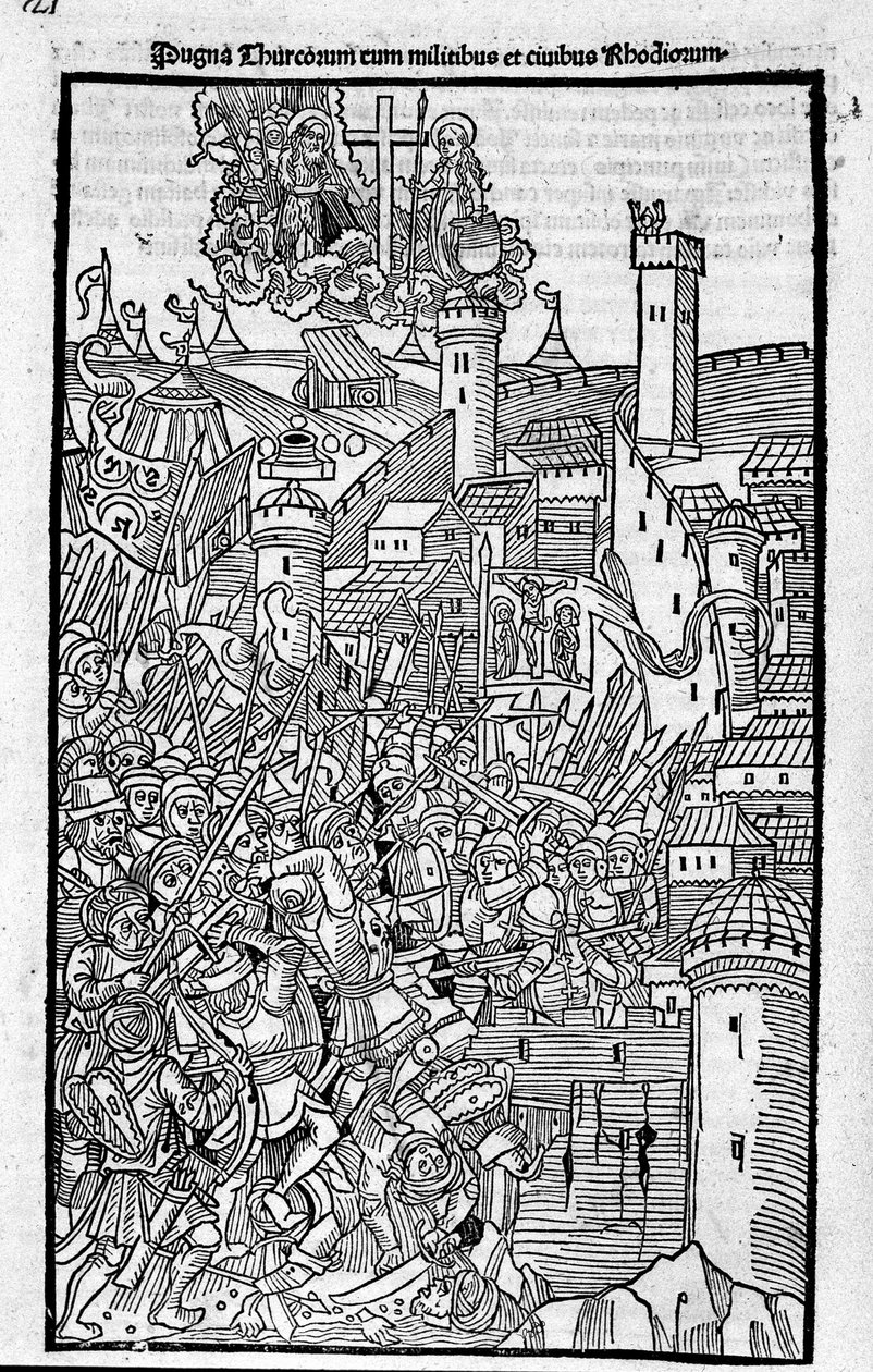 A Rhodes-i Lovagok (Jeruzsálemi Szent János Ispotályosok Rendje) megtámadják Rhode Islandet a „Rhodiorum Historia”-ban, Guielmus Caorsin, Ulmae, Joh. Reger október 24 alkotó: Unknown artist