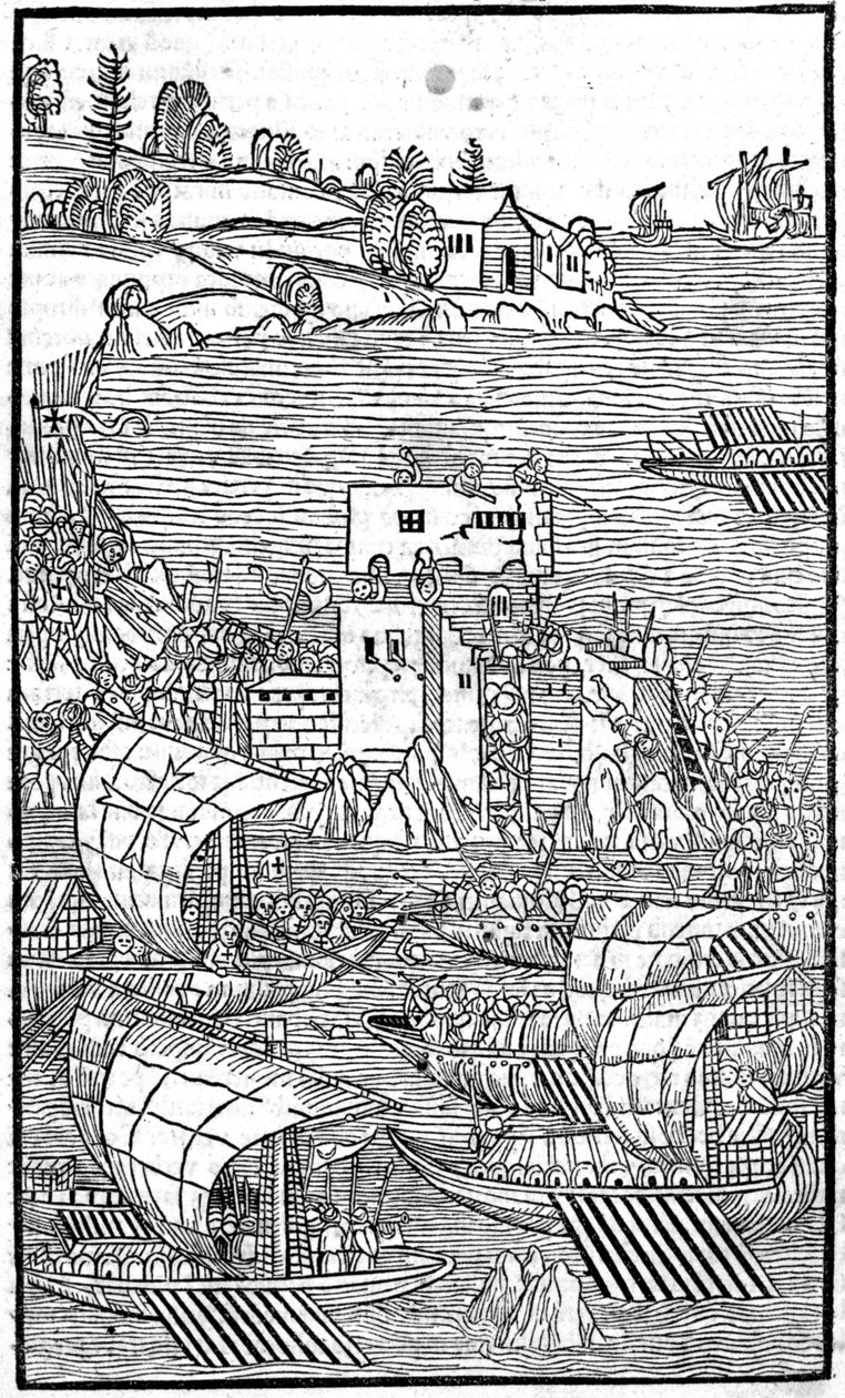 A Rhodes-i Lovagok (Jeruzsálemi Szent János Ispotályosok Rendje) megtámadják Rhode Islandet a „Rhodiorum Historia”-ban, Guielmus Caorsin, Ulmae, Joh. Reger október 24 alkotó: Unknown artist