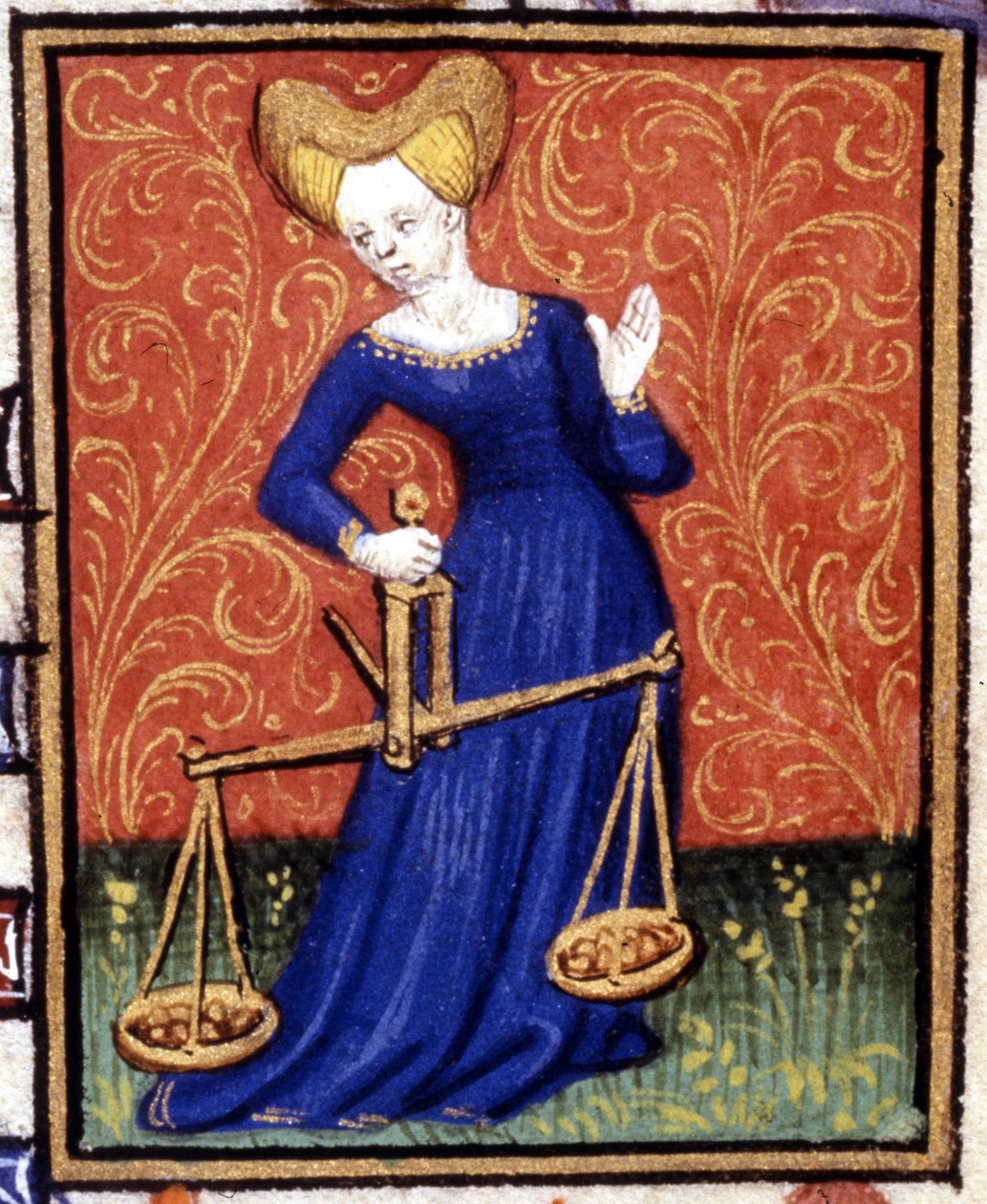 A Mérleg. Miniatűr horoszkóp. 15. századi kézirat. Bibl. Trivulziana, Milánó. alkotó: Unknown artist