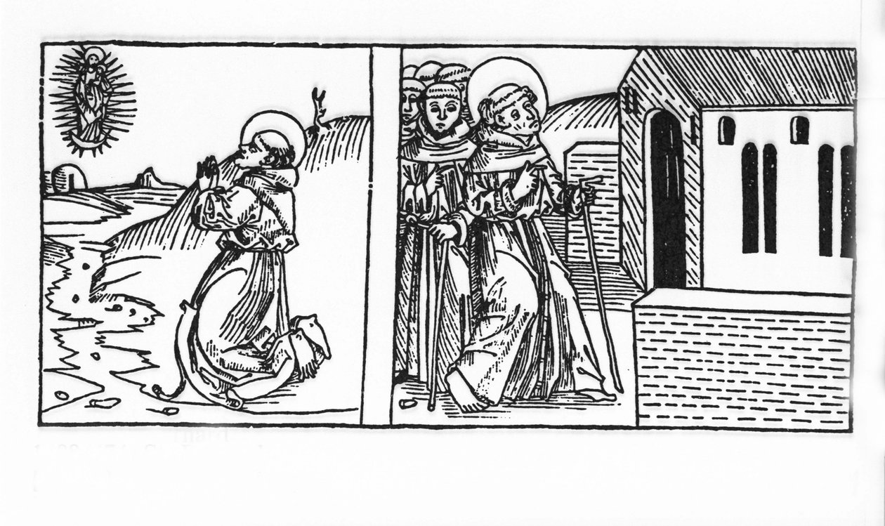 Saint Bernard de Menthon élete (923 - 1008). A Voragine-i Jacobus (James) (1228-1298) metszete a „Leben der Heiligen - sommerteil”-ből (A szent könyve). Lübeck 1488. alkotó: Unknown artist