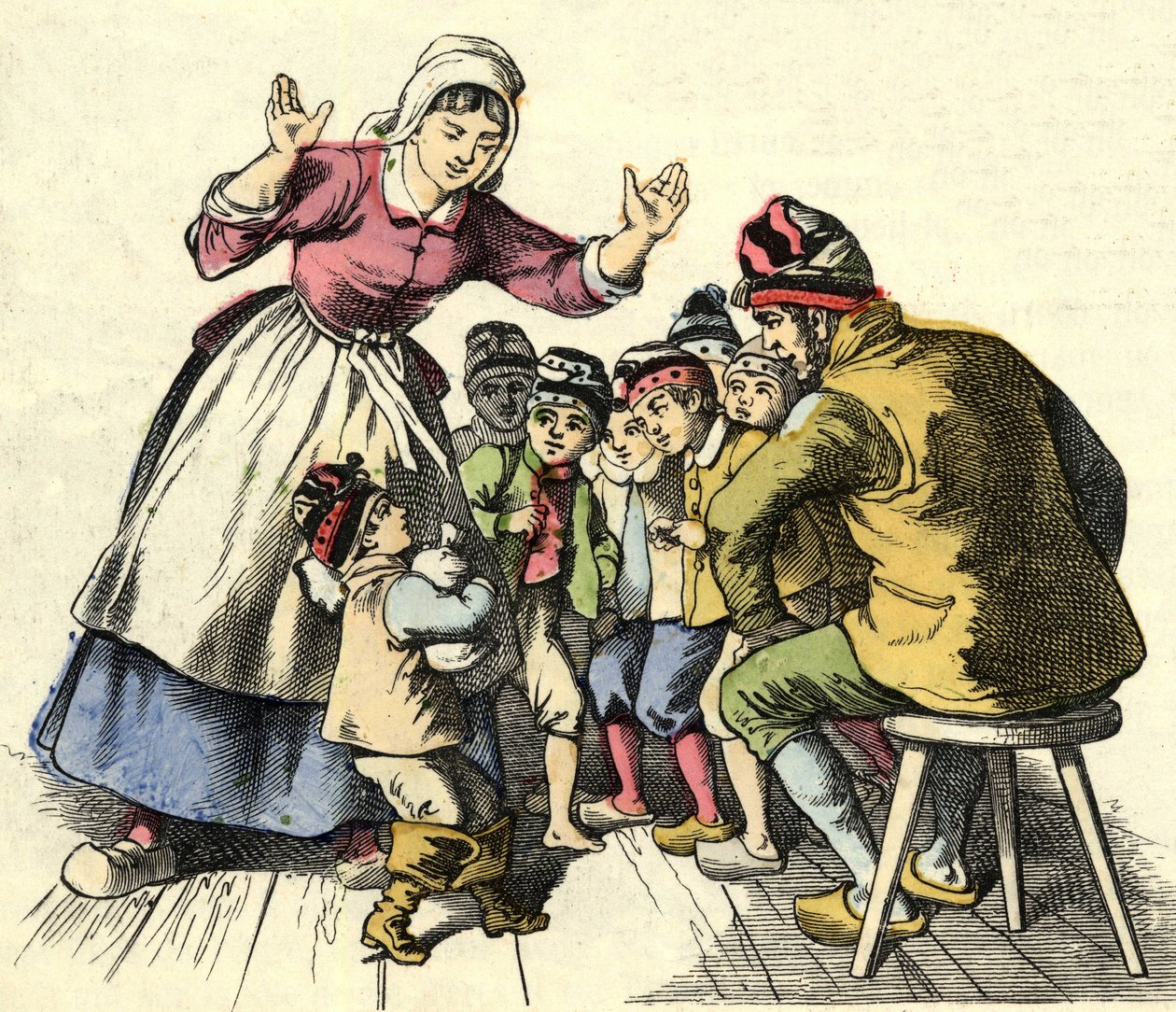 A Kis Poulet és testvérei hazamennek a szüleihez. Illusztráció Charles Perrault „Le Petit Poucet” című meséjéhez alkotó: Unknown artist