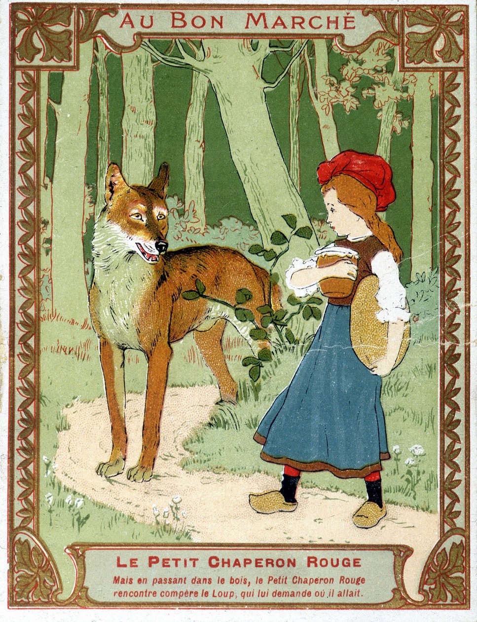 A Piroska találkozik a farkassal – a Bon Marché reklámcímke alkotó: Unknown artist