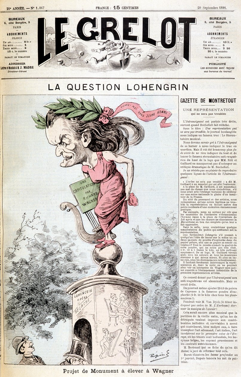 A Lohengrin-kérdés: Wagnerben felállítandó műemlékprojekt – az 1891.09.20-i „” Le Grelot”-ban alkotó: Unknown artist