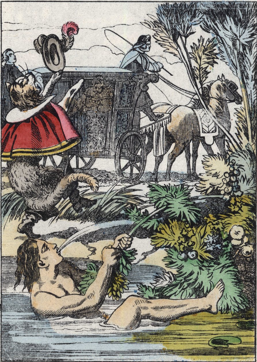 Carabas márki úgy tesz, mintha megfulladna, miközben a csizmacska segítséget kér. Illusztráció Charles Perrault „The cat botte” című meséjéről alkotó: Unknown artist