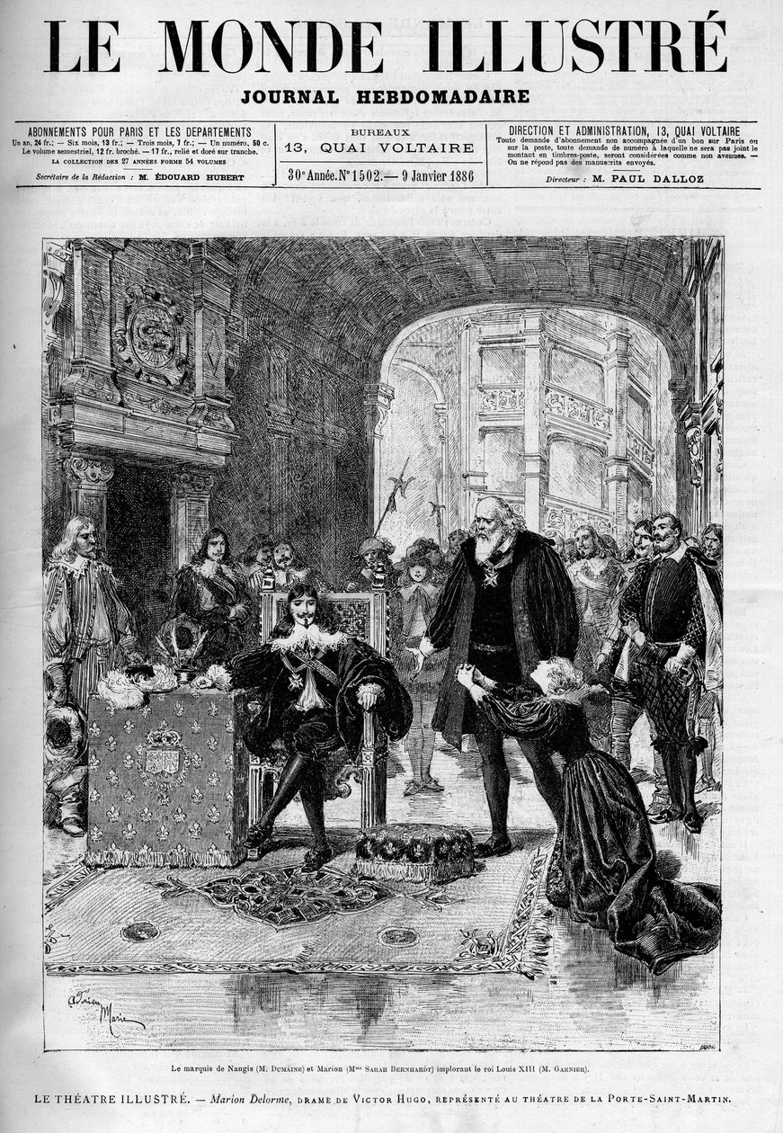De Nangis márki (Dumaine tolmácsolásában) és Marion (Sarah Bernhardt) XIII. Lajos királyért (Garnier) könyörög. A „Marion Delorme” című színházi darab Victor Hugo (1802-1885) drámája Szent Márton ajtajának színházát ábrázolja, miután betiltották. alkotó: Unknown artist