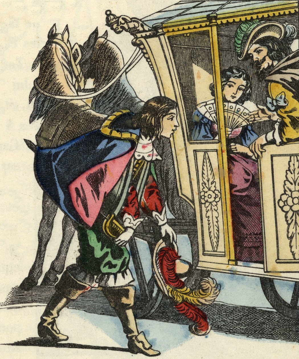 Carabas márkija köszönti a királyt és a hintójukon ülő hercegnőt. Illusztráció Charles Perrault „The cat botte” című meséjéről alkotó: Unknown artist