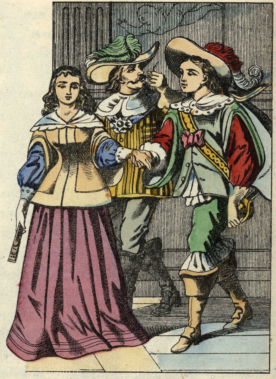 Carabas márkija, a hercegnő és a király a kastélyban. Illusztráció Charles Perrault „The cat botte” című meséjéről alkotó: Unknown artist