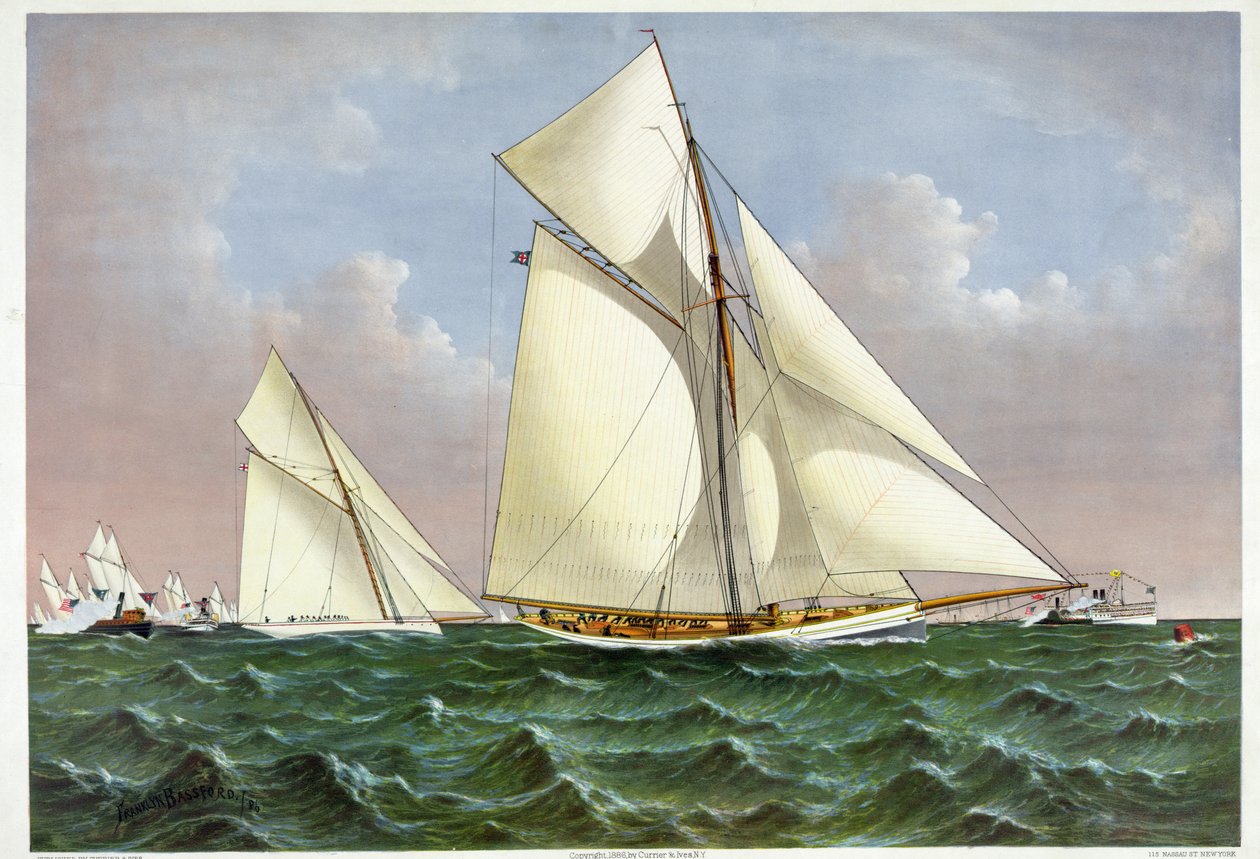A New York-öbölben üdvözölte a flotta a Mayflower nevű vitorlást, amely megnyerte az Amerika Kupát. 1886. 07. 09. XIX. századi litográfia alkotó: Unknown artist