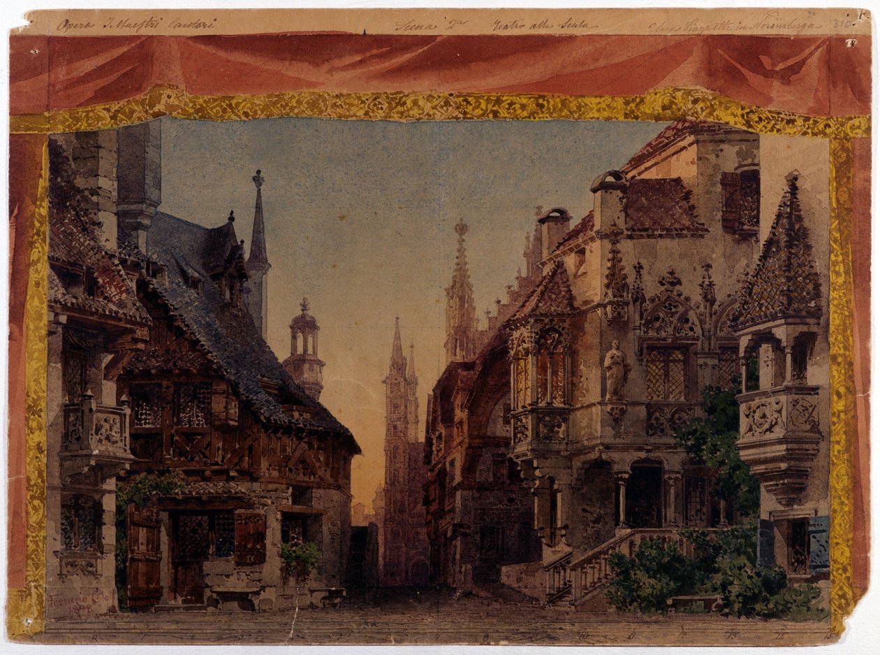 A Meistersinger von Nurnberg (Les Maitres Chanteurs de Nuremberg), WWV 96, Richard Wagner operája 1868-ban. Ferrario szcenográfiája a milánói La Scala számára alkotó: Unknown artist