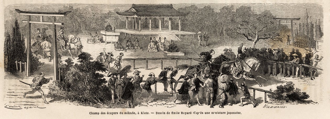 A kiotói (vagy kiotói) Mikado (Japán Császár) squire mezője birodalmi lovak kiképző- és edzőpályája. Aime Humbert, a Svájci Államszövetség miniszterének 1863–1864-es japán utazását illusztráló metszet a „Le tour du monde, nouveau” c. alkotó: Unknown artist