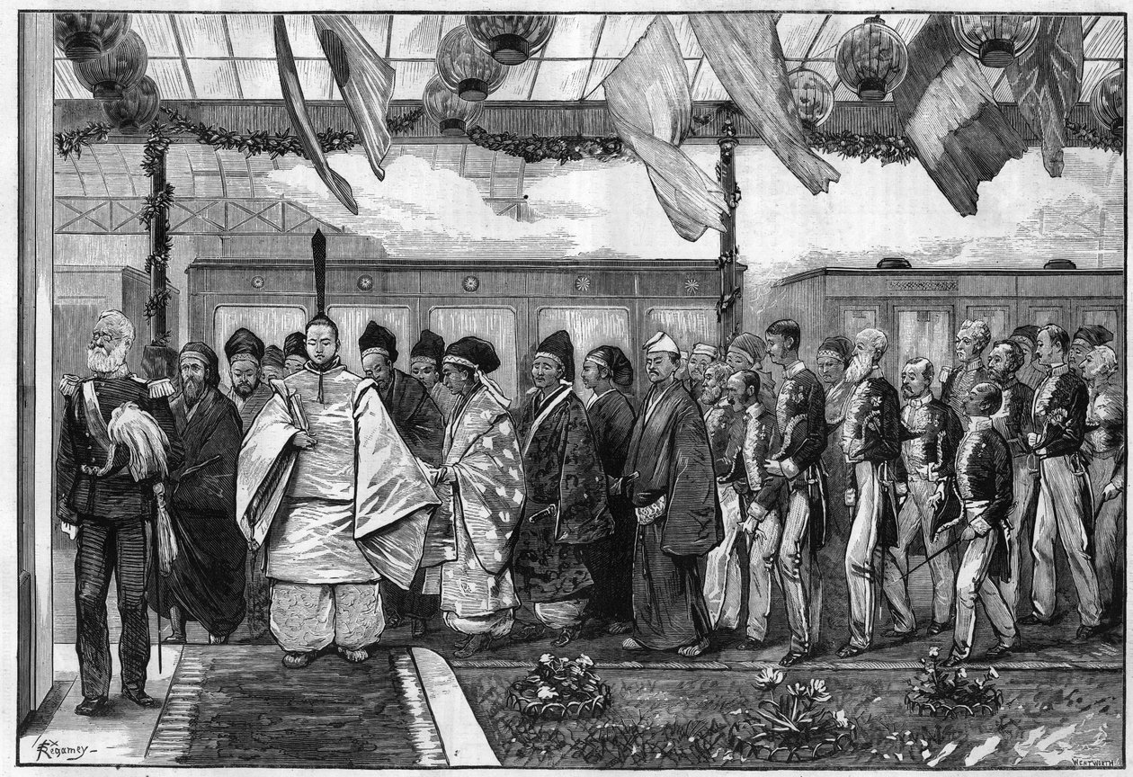 A Mikado, Japán szellemi uralkodója felavatta országa első vasútját alkotó: Unknown artist
