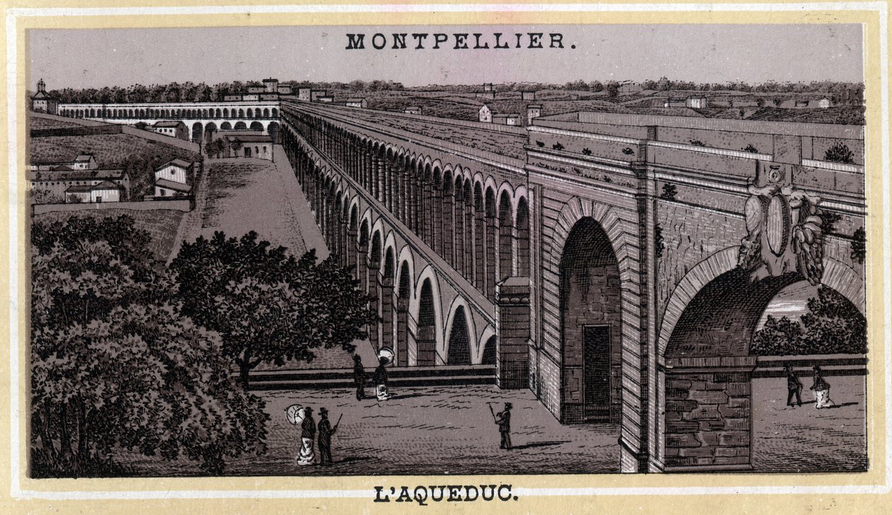 A Montpellier Acqueduc (Herault, Languedoc-Roussillon régió). A 19. század végének kromolitográfiája. alkotó: Unknown artist