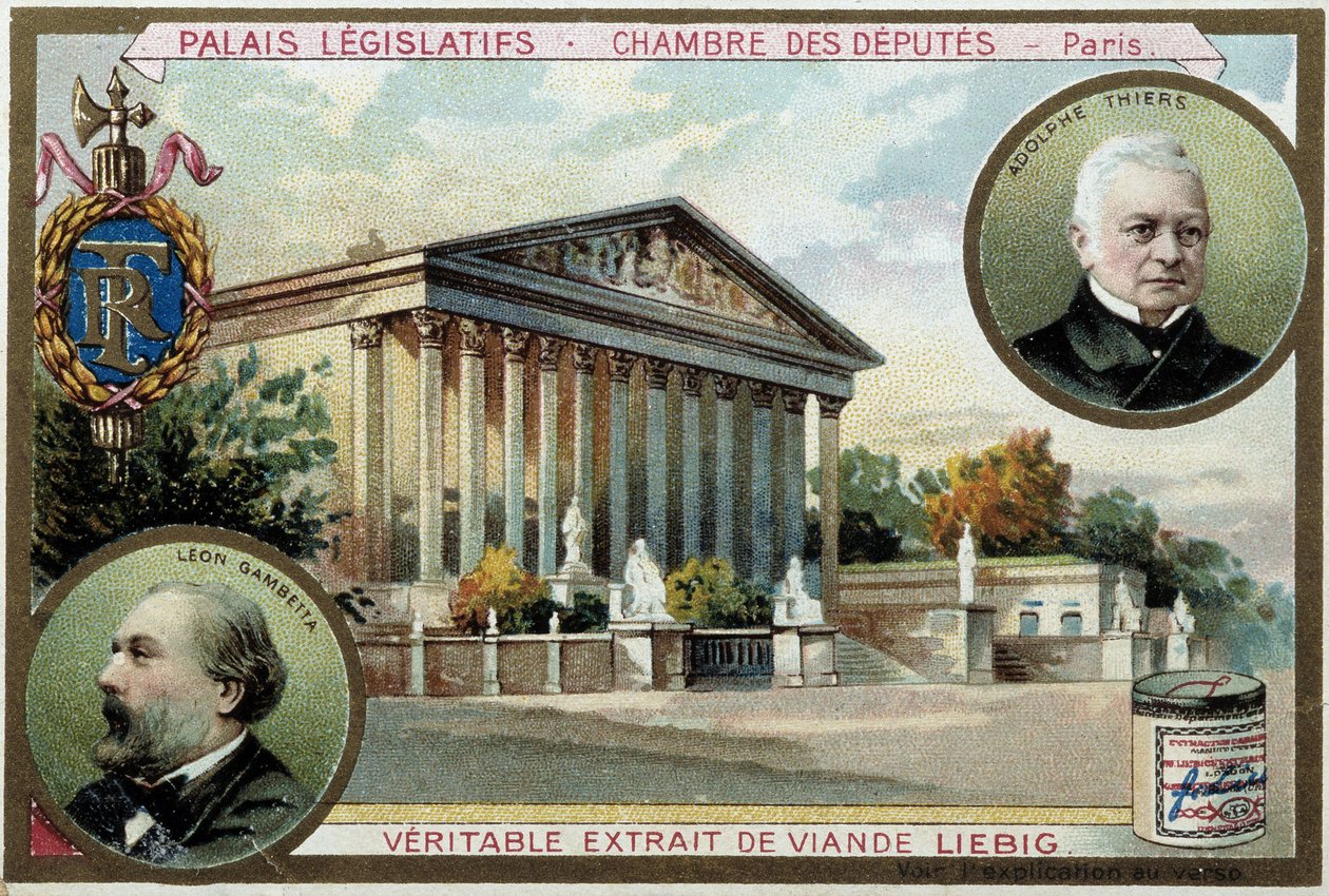 A nemzetgyűlés és Gambetta és Thiers portréi - chromo. Liébig, deb. 20. század alkotó: Unknown artist