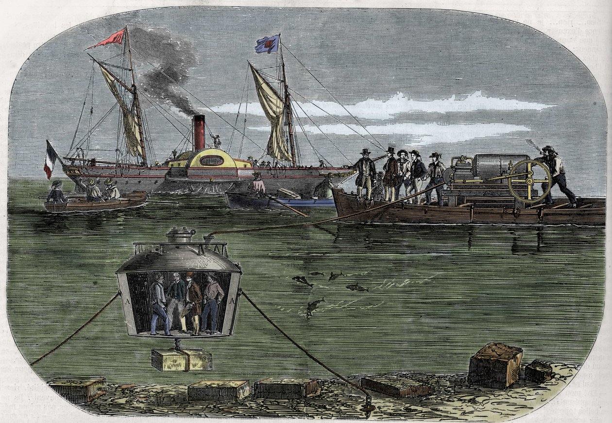 Dr. Antoine Prosper Payerne „Nautilus” búvárharangja a párizsi Szajnában kísérletezett, majd az Egyesült Államokban tökéletesedett. Metszet (1858) a Le „” Monde illustrious”-ban”. alkotó: Unknown artist