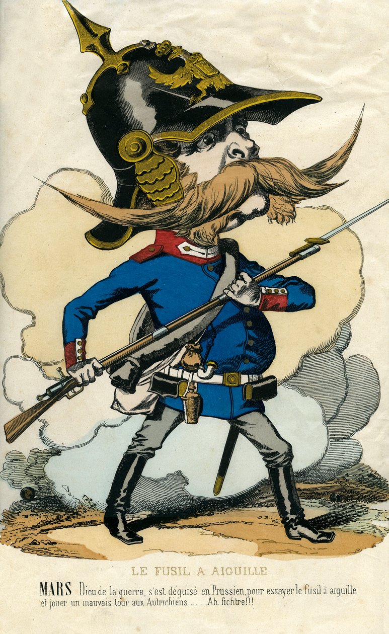 A tűpuska – Otto Von Bismarck (1815-1898) Poroszország kancellárjának portréja – Mars, a háború istene, csalódást okozott magának poroszként, hogy kipróbálja a tűpuskát, és rossz trükköt játszott az osztrákokkal... Karikatúra alkotó: Unknown artist