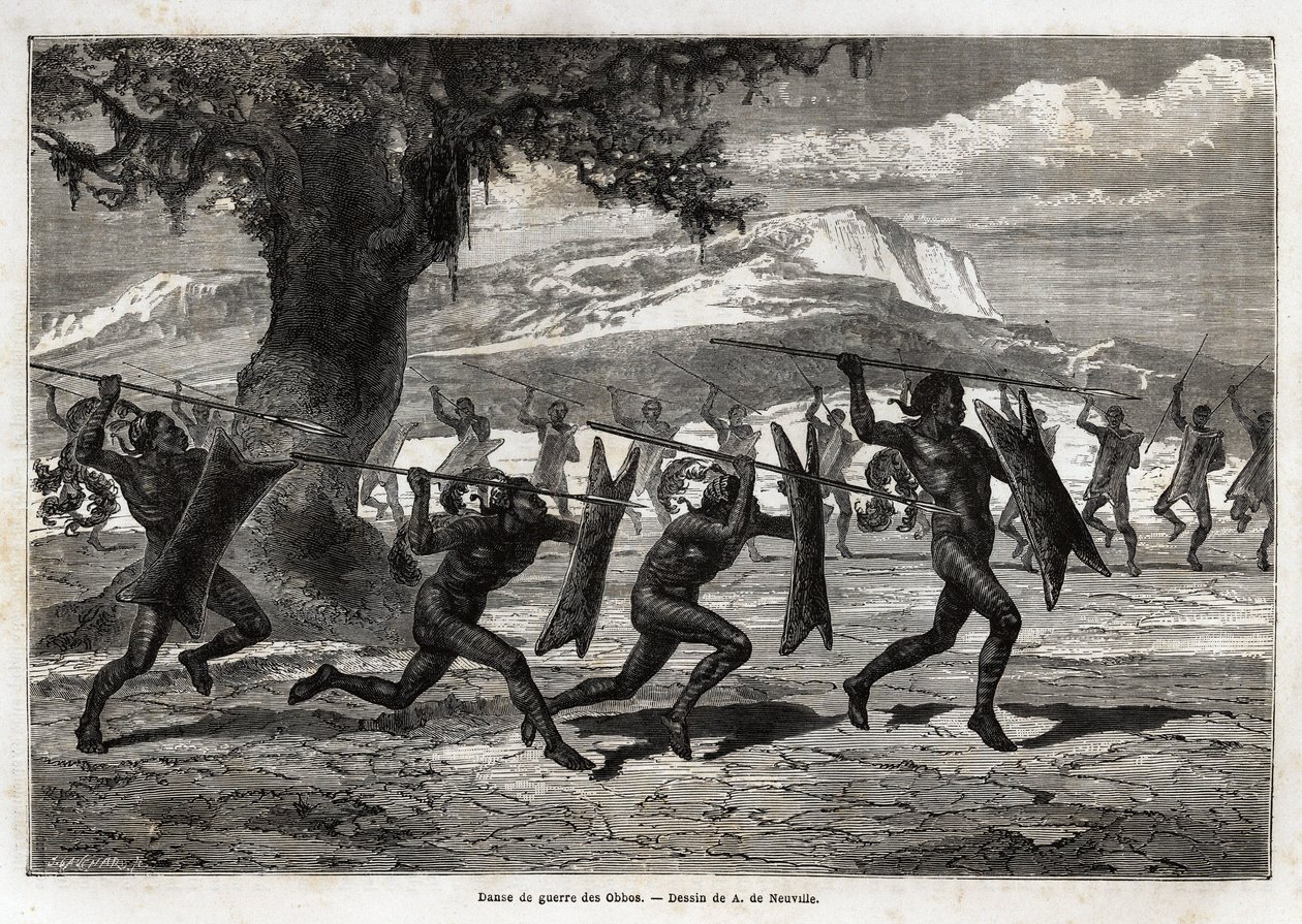Az Obbos (Uganda törzse) háborús táncot ad elő. Sir Samuel White Baker 1861-1864-es Albert-tóhoz tett utazásának illusztrálására készült metszet a „Le tour du monde, nouveau Journal des voyages” című folyóiratban, amely Edouard Charton irányítása alatt jel alkotó: Unknown artist
