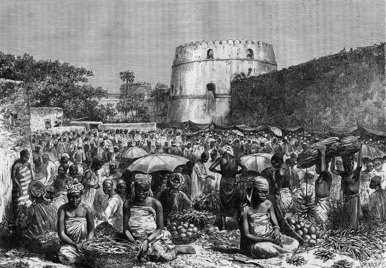 A zanzibári Place du Marche a 19. században az 1888-as Ifjúsági Lapban. alkotó: Unknown artist