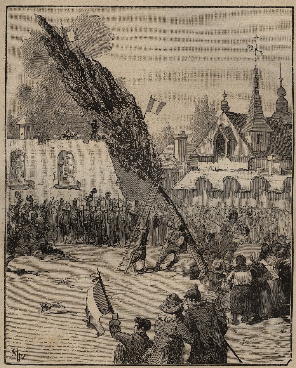Szabadságfa ültetvénye a forradalom idején (Liberty pole) - Szabadságfa (nyárfa) ültetvénye Franciaországban. Metszet 1885-ből Adolphe BITARD „Les arts et metiers illustres” című könyvében. alkotó: Unknown artist