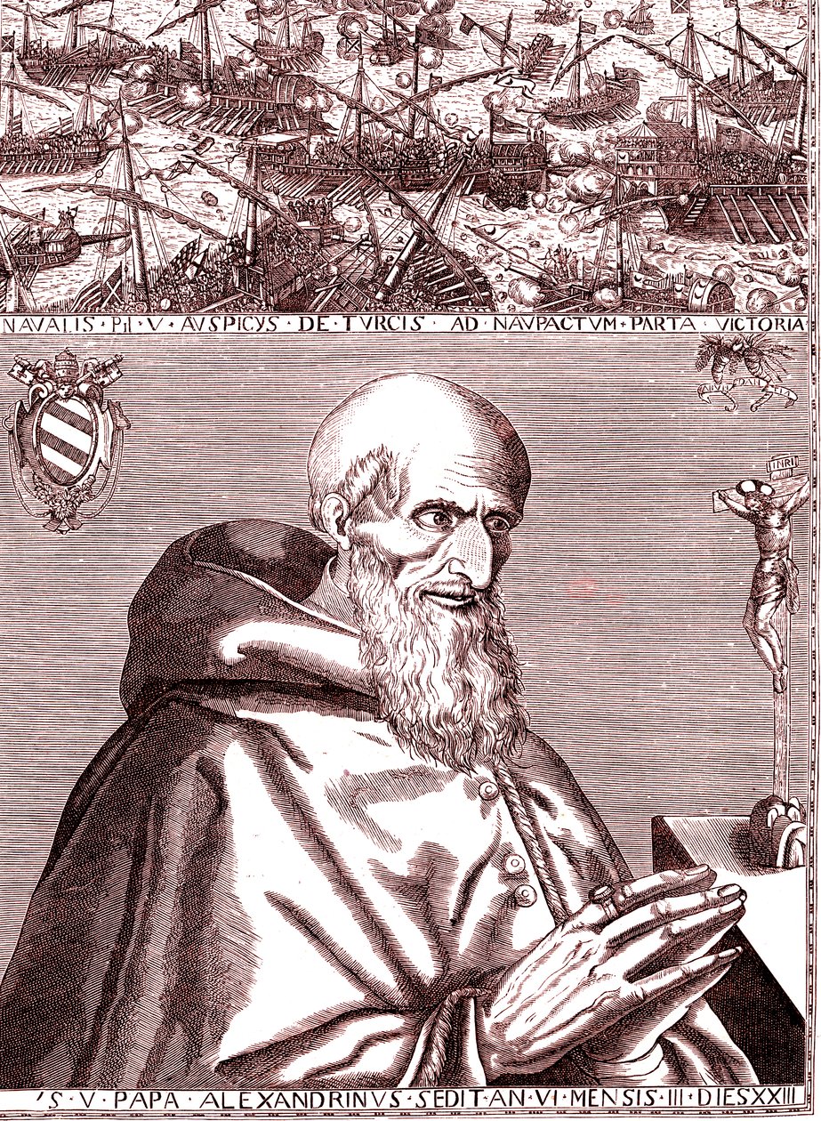 V. Pius pápa szövetséget köt a spanyol és a velencei olasz flottával a törökök ellen az 1571. októberi lepantei csatában. alkotó: Unknown artist