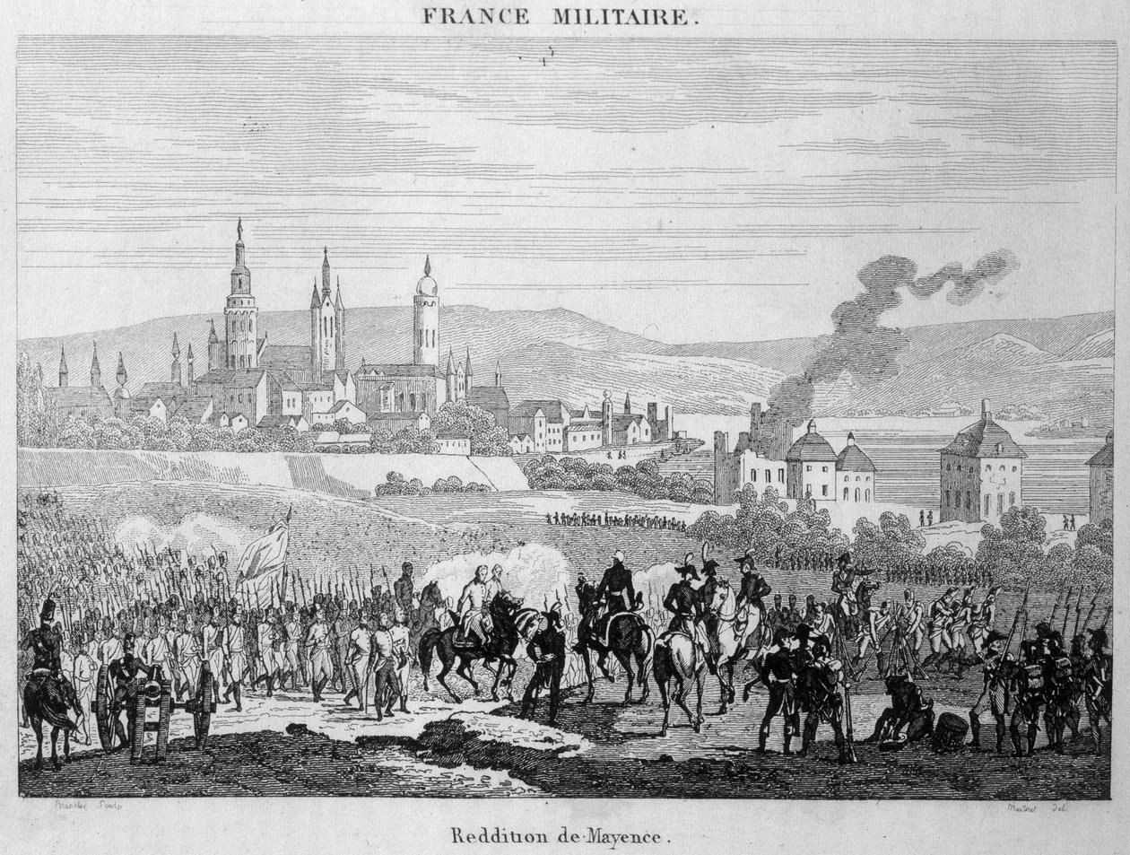 A porosz csapatok 1793 júliusában vették át a franciáktól Mainz (vagy Mainz) városát Németországban. 19. századi metszet. alkotó: Unknown artist