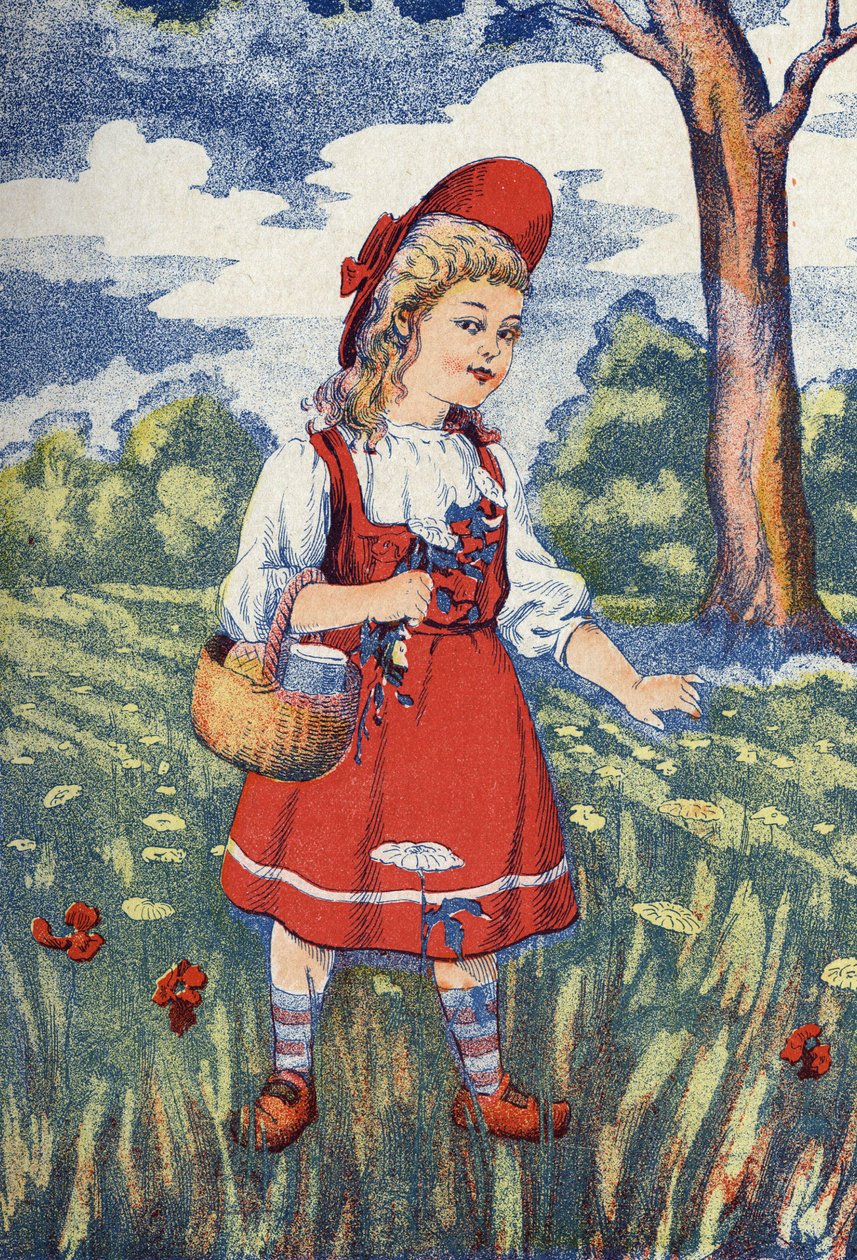 A Piroska virágai vannak. Illusztráció: „A Piroska” című meséje, Charles Perrault (1628-1703), francia író. Névtelen illusztráció. Képek Marcel Vagne, Jarville Nancy, dátum nélküli (19. század vége). alkotó: Unknown artist
