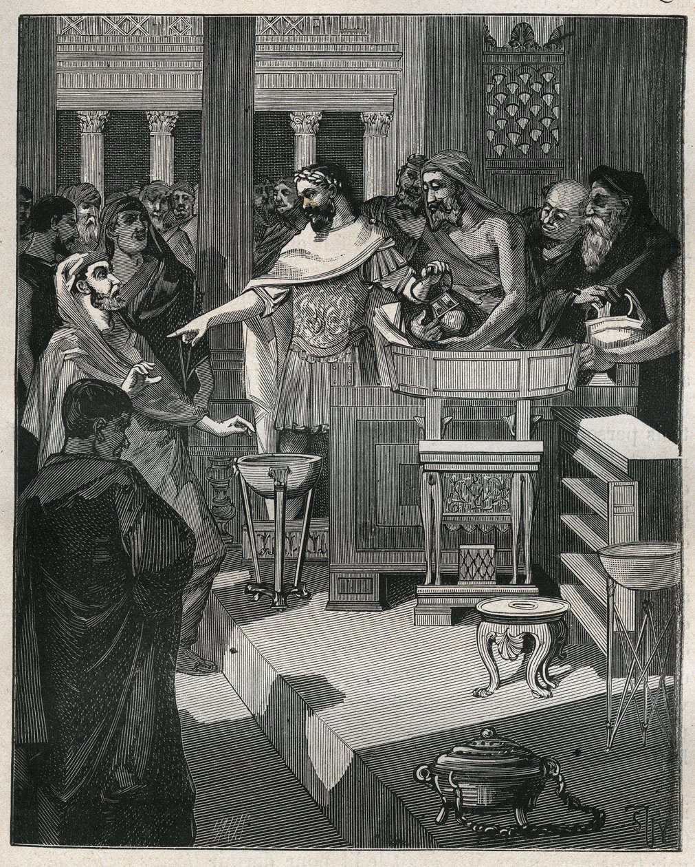 Caligula római császár (12-41) egy brokanterben Római Galliában. Metszet 1885-ből Adolphe BITARD „Les arts et metiers illustres” című könyvében. alkotó: Unknown artist
