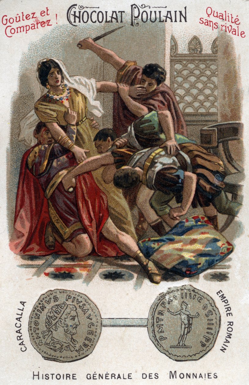 Caracalla római császár (188-217) édesanyja karjaiban gyilkolta meg testvérét, Getát. Az érmék általános történetében. Csokoládé-csikó kromolitográfiája a 19. század végén. Magángyűjtemény. alkotó: Unknown artist
