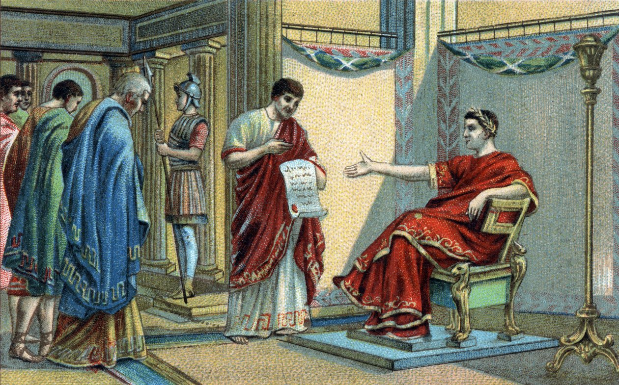Konstantin római császár (272-337) alkotta meg az első vallási törvényeket a hiedelmek egyenlőségére vonatkozóan. A 19. század végének kromolitográfiája. alkotó: Unknown artist