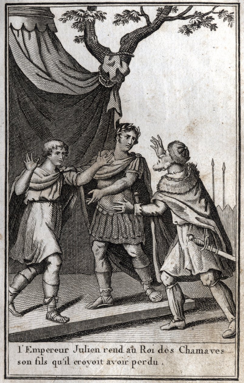Julianus római császár (Flavius Claudius Julianus, Julianus hitehagyott, Julianus, a filozófus, II. Julianus) (332-363) visszaadja a chamave-i germán nép királyának fiát, akiről azt hitte, hogy elvesztette. 4. század. Metszet a „Beaute de l alkotó: Unknown artist