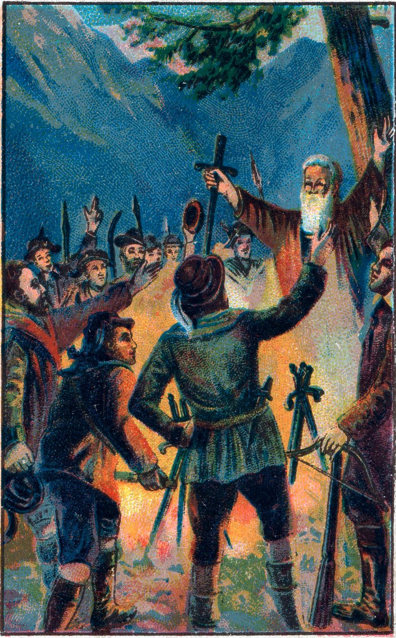 A Rutlischwur (Rutli esküje) - a régi Svájci Konföderáció legendás esküje - A három svájci konföderáció, aki hűséget esküszik Ruetlinek - Le Oath du Grutli (Rutlischwur) (Patto del Grutli) Svájc végének Chromolitográfiájának mítoszának alapítója1307 alkotó: Unknown artist