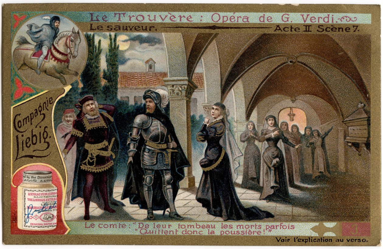 The Save Act II. jelenet 7. Illusztráció Giuseppe Verdi (1813-1901) „A lelet” (Il trovatore) című operájához. Kromolitográfia (Chromo) Liebig a 19. század végéről. alkotó: Unknown artist