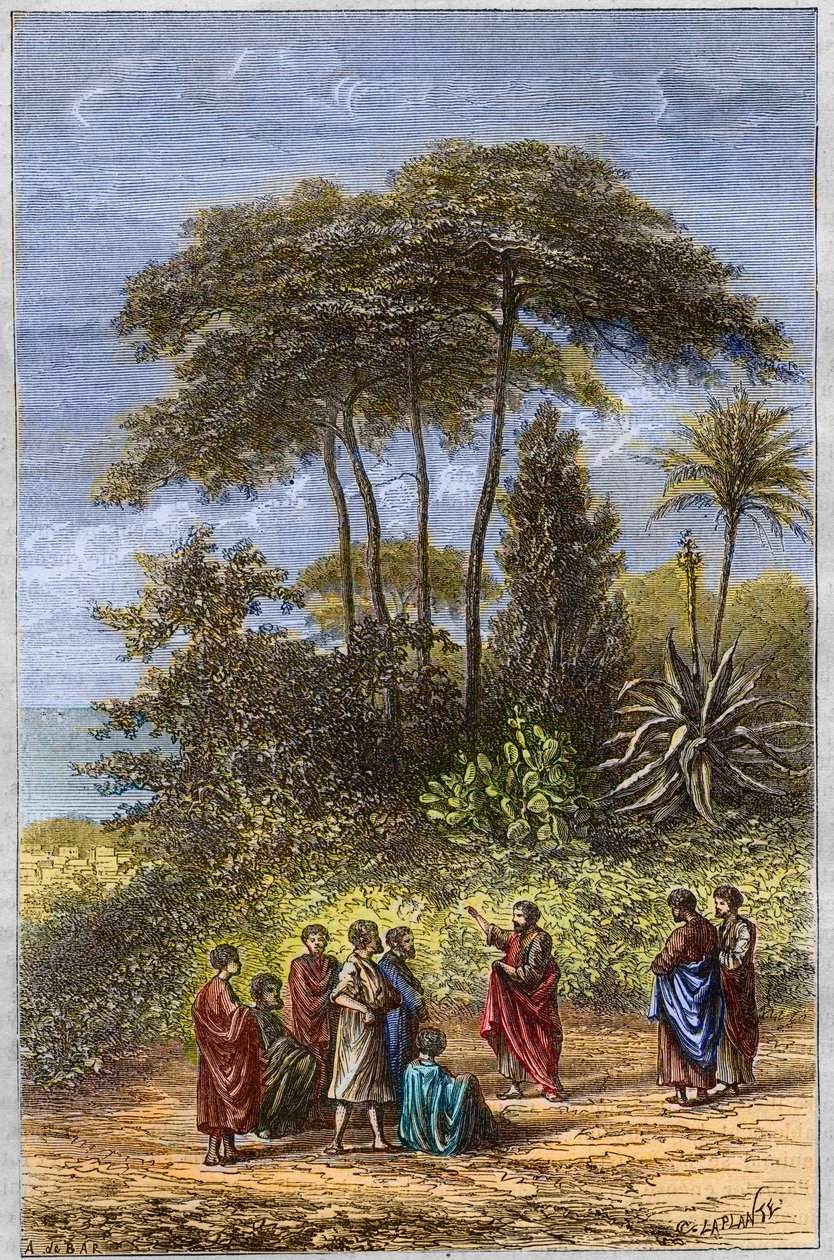 Pitagorasz Iskolája - Pythagoras tanítványai között Krotonában - metszet 1879 - A filozófus Pythagoras és tanítványai Crotone árnyékában, 1879-es metszet alkotó: Unknown artist