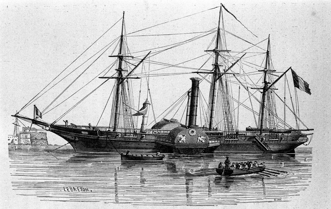 A Szfinx, a francia haditengerészet első, 1830-ban épített gőzhajója. XIX. századi metszet. alkotó: Unknown artist